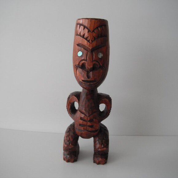 Vintage New Zealand Maori 11" Hand Carved Wood Teko Tiki Totem Statue Shell Eyes - Picture 8 of 9